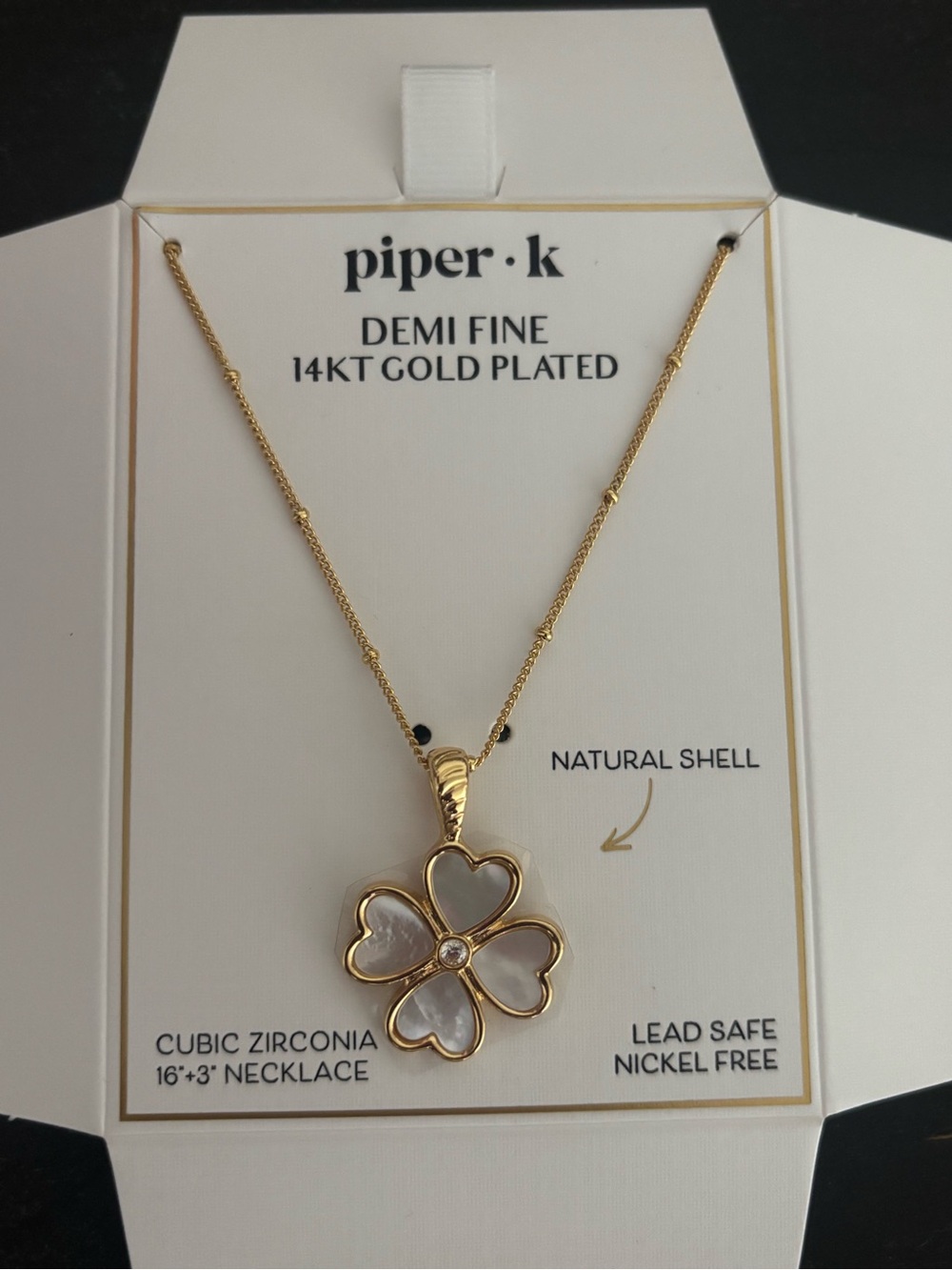 Piper Gold Plated Four-Leaf Clover Necklace with Natural Shell and CZ